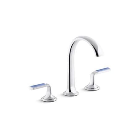 Kallista Script Widespread Arch Spout Bathroom Faucet with Celeste Blue Wave Enamel Lever Handles Polished Chrome