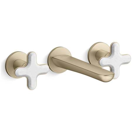 Kallista 002 Wall Mounted Widespread Bathroom Faucet with White Carrara Cross Handles Brushed French Gold