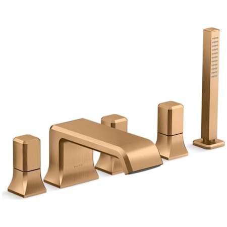 Kallista Bezel Deck Mounted Roman Tub Filler with Built-In Diverter - Includes Hand Shower Blush Brass