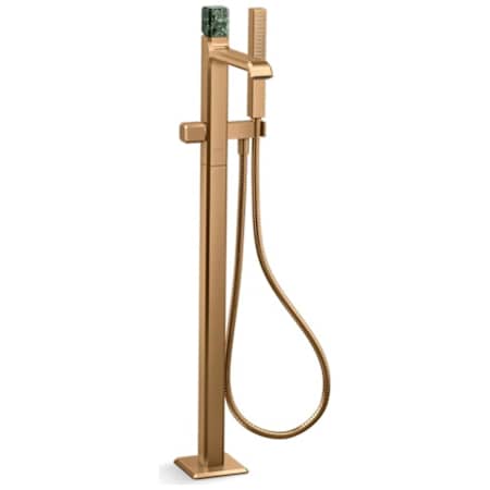 Kallista Bezel Floor Mounted Tub Filler with Built-In Diverter with Guatemala Stone Handle - Includes Hand Shower Blush Brass