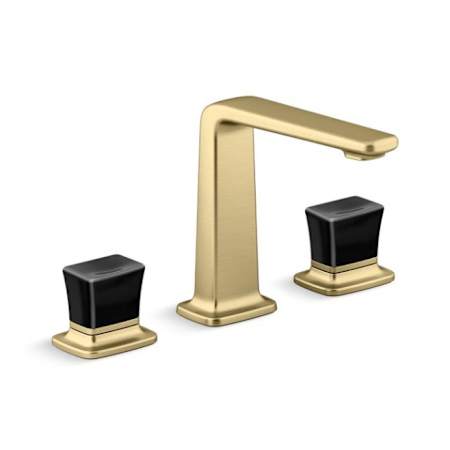 Kallista Per Se Widespread Bathroom Faucet with Black Crystal Knob Handles Brushed French Gold