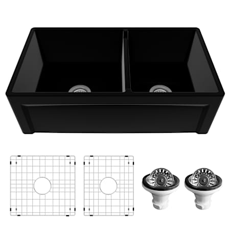 Karran USA Karran FCP33DBWH 33" Double Bowl Panel Front Farmhouse Fireclay Kitchen Sink with Reversible Apron Front Matte Black