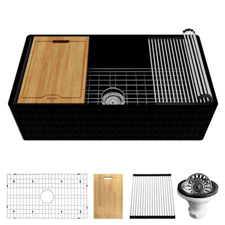 Karran USA Karran FCWSDM33SBMB 33" Single Bowl Workstation Fireclay Kitchen Sink with Reversible Diamond/Flat Apron Front Matte Black