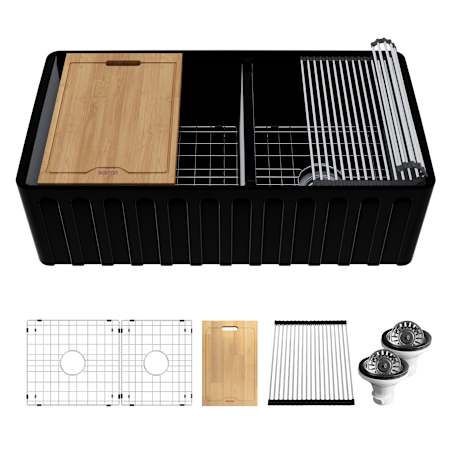 Karran USA Karran FCWSFF33DBMB 33" Double Bowl Workstation Fireclay Kitchen Sink with Reversible Fluted Apron Front Matte Black