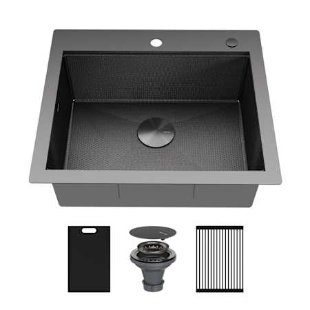 Karran USA Matrix 25" Drop In Single Basin Stainless Steel Kitchen Sink with Basket Strainer and Cutting Board Gunmetal Grey