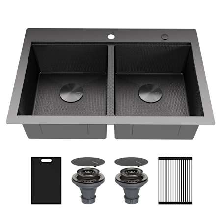 Karran USA Matrix 33" Drop In Double Basin Stainless Steel Kitchen Sink with Basket Strainer and Cutting Board Gunmetal Grey