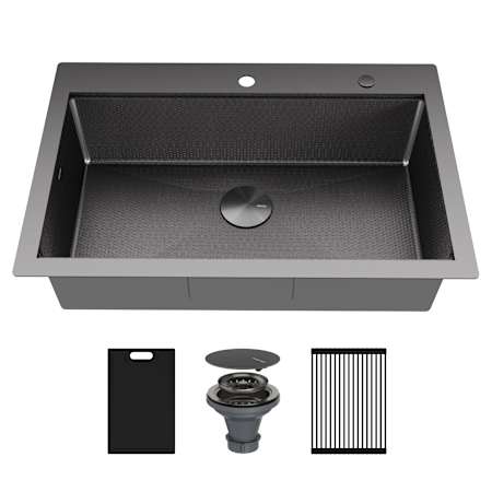Karran USA Matrix 33" Drop In Single Basin Stainless Steel Kitchen Sink with Basket Strainer and Cutting Board Gunmetal Grey