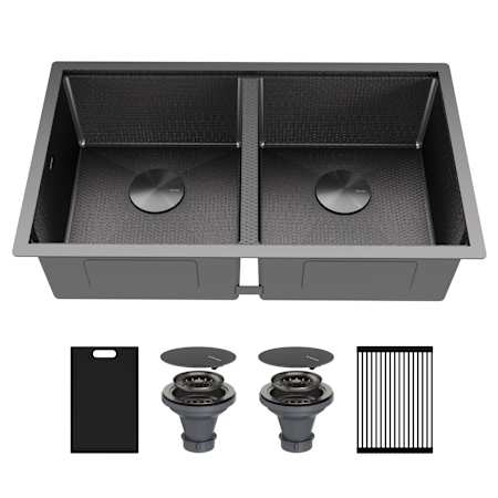 Karran USA Matrix 32" Undermount Double Basin Stainless Steel Kitchen Sink with Basket Strainer and Cutting Board Gunmetal Grey