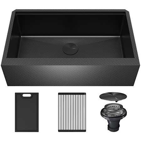 Karran USA Matrix 33" Farmhouse Single Basin Stainless Steel Kitchen Sink with Basket Strainer and Cutting Board Gunmetal Grey