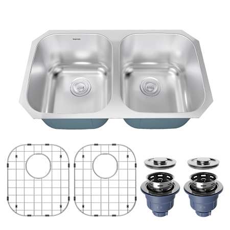 Karran USA Profile 32-1/4" Undermount Double Basin Stainless Steel Kitchen Sink with Basin Rack and Basket Strainer and Rear Drain Placement Stainless Steel