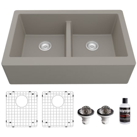 Karran USA Quartz QA 34" Farmhouse Double Basin Quartz Composite Kitchen Sink with Basin Rack and Basket Strainer Concrete