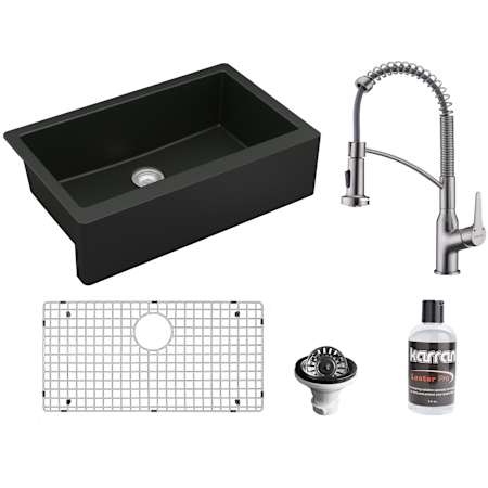 Karran USA Quartz QA 34" Farmhouse Single Basin Quartz Composite Kitchen Sink with Single Hole 1.8 GPM Kitchen Faucet, Basin Rack, and Basket Strainer Black / Stainless Steel