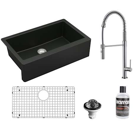 Karran USA Quartz QA 34" Farmhouse Single Basin Quartz Composite Kitchen Sink with Single Hole 1.8 GPM Kitchen Faucet, Basin Rack, and Basket Strainer Black / Stainless Steel