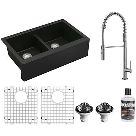 Karran USA Quartz QA 34" Farmhouse Double Basin Quartz Composite Kitchen Sink with Single Hole 1.8 GPM Kitchen Faucet, Basin Rack, and Basket Strainer Black / Stainless Steel