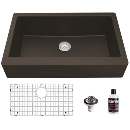 Karran USA Quartz QAR 34" Farmhouse Single Basin Quartz Composite Kitchen Sink with Basin Rack and Basket Strainer Brown