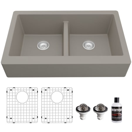 Karran USA Quartz QAR 34" Farmhouse Double Basin Quartz Composite Kitchen Sink with Basin Rack and Basket Strainer Concrete