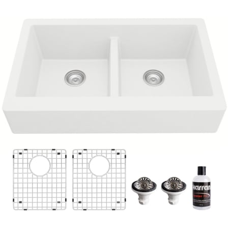 Karran USA Quartz QAR 34" Farmhouse Double Basin Quartz Composite Kitchen Sink with Basin Rack and Basket Strainer White