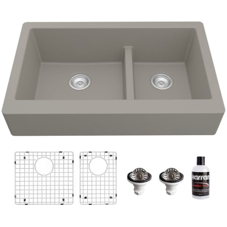 Karran USA Quartz QAR 34" Farmhouse Double Basin Quartz Composite Kitchen Sink with Basin Rack and Basket Strainer Concrete