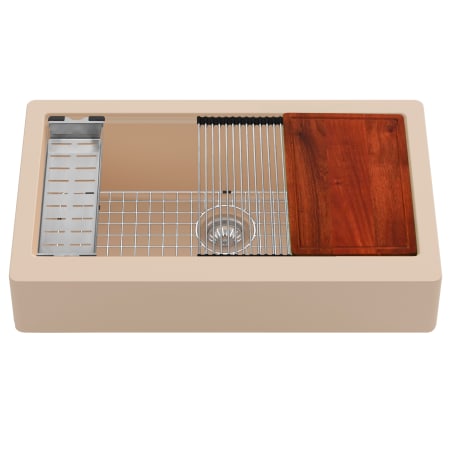 Karran USA Quartz QARWS Series 34" Farmhouse Single Basin Quartz Composite Kitchen Sink with Basin Rack, Basket Strainer, Colander and Cutting Board Bisque