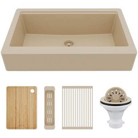 Karran USA Quartz QARWS 34" Farmhouse Single Basin Quartz Composite Kitchen Sink with Basket Strainer, Colander and Cutting Board Bisque