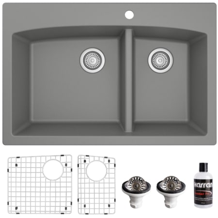Karran USA Quartz QT 33" Drop In Double Basin Quartz Composite Kitchen Sink with Basin Rack and Basket Strainer Grey