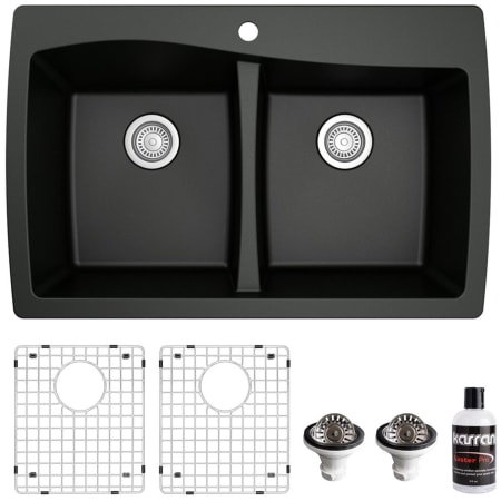 Karran USA Quartz QT 34" Drop In Double Basin Quartz Composite Kitchen Sink with Basin Rack and Basket Strainer Black