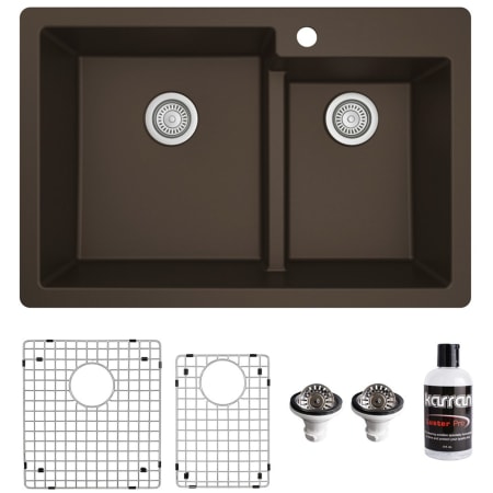 Karran USA Quartz QT 33" Drop In Double Basin Quartz Composite Kitchen Sink with Basin Rack and Basket Strainer Brown