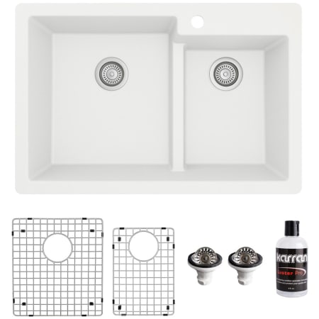 Karran USA Quartz QT 33" Drop In Double Basin Quartz Composite Kitchen Sink with Basin Rack and Basket Strainer White