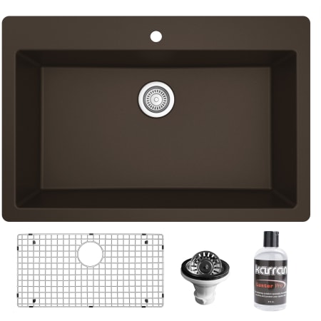 Karran USA Quartz QT 33" Drop In Single Basin Quartz Composite Kitchen Sink with Basin Rack and Basket Strainer Brown
