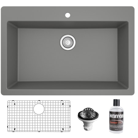 Karran USA Quartz QT 33" Drop In Single Basin Quartz Composite Kitchen Sink with Basin Rack and Basket Strainer Grey