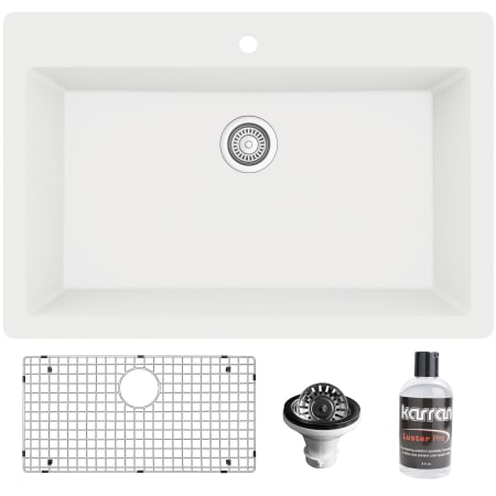 Karran USA Quartz QT 33" Drop In Single Basin Quartz Composite Kitchen Sink with Basin Rack and Basket Strainer White