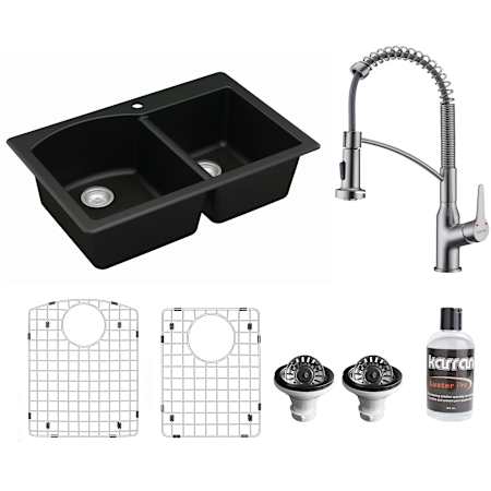 Karran USA Quartz QT 33" Drop In Double Basin Quartz Composite Kitchen Sink with Single Hole 1.8 GPM Kitchen Faucet, Basin Rack, and Basket Strainer Black / Stainless Steel