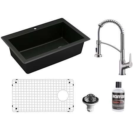 Karran USA Quartz QT 33" Drop In Single Basin Quartz Composite Kitchen Sink with Single Hole 1.8 GPM Kitchen Faucet, Basin Rack, and Basket Strainer Black / Stainless Steel