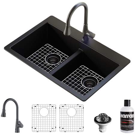 Karran USA Quartz QT 33" Drop In Double Basin Quartz Composite Kitchen Sink with Single Hole 1.8 GPM Kitchen Faucet, Basin Rack, and Basket Strainer Black / Gunmetal Grey