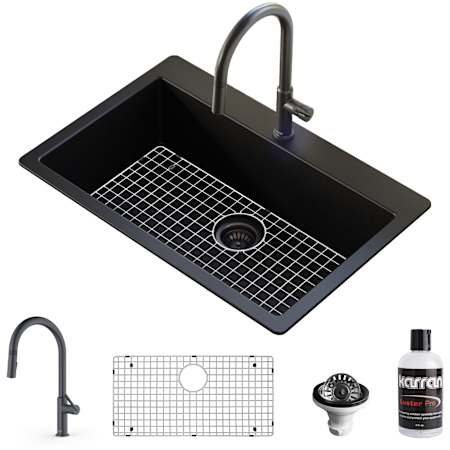 Karran USA Quartz QT 33" Drop In Single Basin Quartz Composite Kitchen Sink with Single Hole 1.8 GPM Kitchen Faucet, Basin Rack, and Basket Strainer Black / Gunmetal Grey