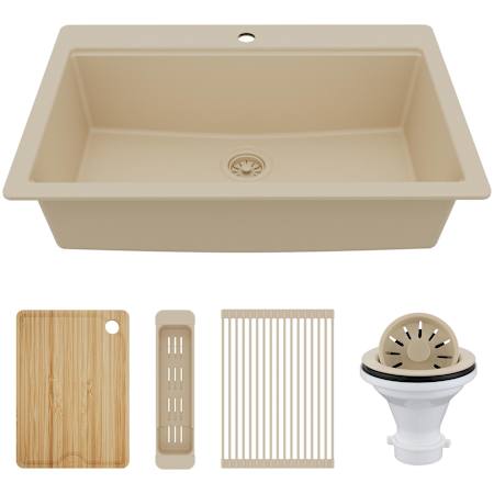 Karran USA Quartz Top Mount Sinks 33" Drop In Single Basin Quartz Composite Kitchen Sink with Basket Strainer, Colander and Cutting Board Bisque