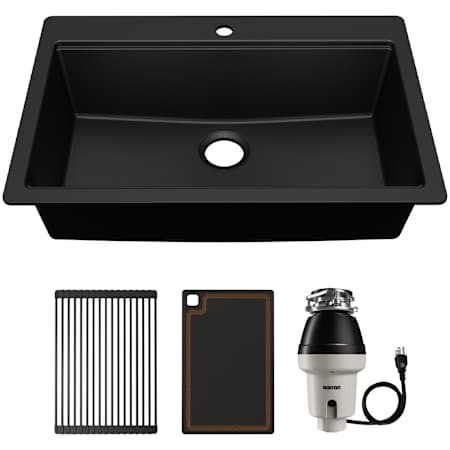 Karran USA Quartz Workstations 33" Drop In Single Basin Quartz Composite Kitchen Sink - Includes Drying Rack, Cutting Board, and Garbage Disposal Black
