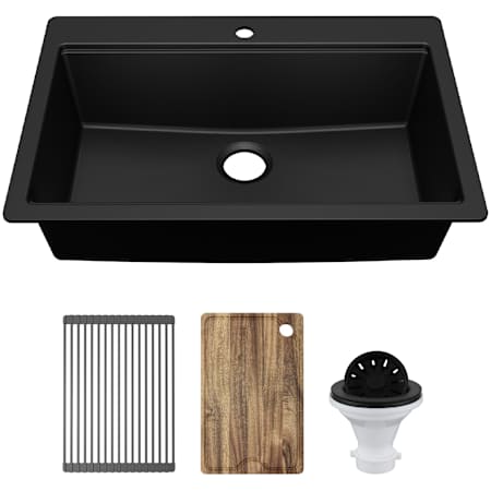 Karran USA Quartz Workstations 33" Drop In Single Basin Quartz Composite Kitchen Sink - Includes Drying Rack, Acacia Cutting Board, and Garbage Disposal Black