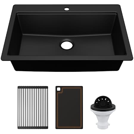 Karran USA Quartz Workstations 33" Drop In Single Basin Quartz Composite Kitchen Sink - With Drying Rack, Cutting Board, and ABS Strainer Black