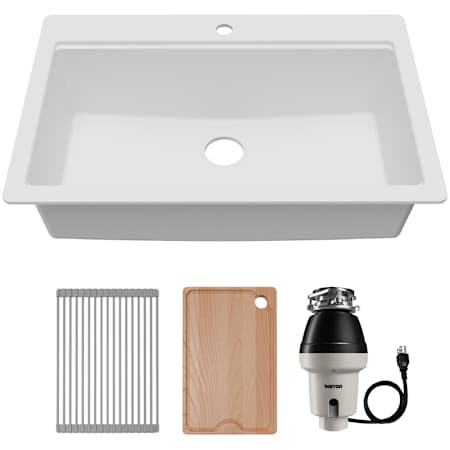 Karran USA Quartz Workstations 33" Drop In Single Basin Quartz Composite Kitchen Sink - Includes Drying Rack, Fiberboard Cutting Board, and Garbage Disposal White
