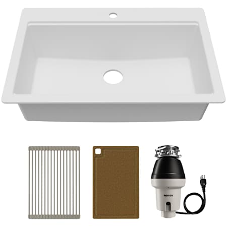 Karran USA Quartz Workstations 33" Drop In Single Basin Quartz Composite Kitchen Sink - Includes Space-Saving Drying Rack, Cutting Board, and Garbage Disposal White