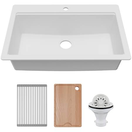 Karran USA Quartz Workstations 33" Drop In Single Basin Quartz Composite Kitchen Sink - Includes Drying Rack, Fiberboard Cutting Board, and ABS Strainer White