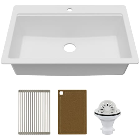 Karran USA Quartz Workstations 33" Drop In Single Basin Quartz Composite Kitchen Sink - Includes Drying Rack, Cutting Board, and ABS Strainer White