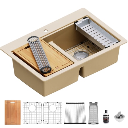 Karran USA 33" Drop In Double Basin Quartz Composite Kitchen Sink with Basin Rack, Basket Strainer, Colander and Cutting Board Bisque