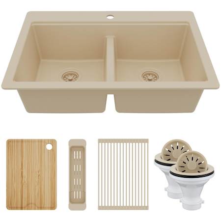 Karran USA Quartz Top Mount Sinks 33" Drop In Double Basin Quartz Composite Kitchen Sink with Basket Strainer, Colander, Cutting Board, and ABS Strainers Bisque