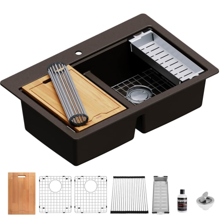 Karran USA 33" Drop In Double Basin Quartz Composite Kitchen Sink with Basin Rack, Basket Strainer, Colander and Cutting Board Brown