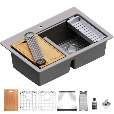 Karran USA 33" Drop In Double Basin Quartz Composite Kitchen Sink with Basin Rack, Basket Strainer, Colander and Cutting Board Concrete