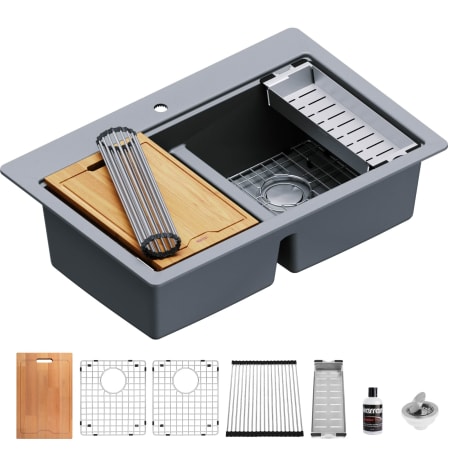 Karran USA 33" Drop In Double Basin Quartz Composite Kitchen Sink with Basin Rack, Basket Strainer, Colander and Cutting Board Grey