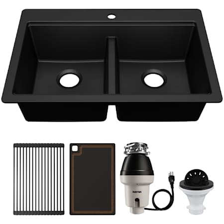 Karran USA Quartz Workstations 33" Drop In Double Basin Quartz Composite Kitchen Sink - With Drying Rack, Cutting Board, Garbage Disposal, and ABS Strainer Black