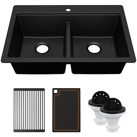 Karran USA Quartz Workstations 33" Drop In Double Basin Quartz Composite Kitchen Sink - Includes Drying Rack, Cutting Board, with ABS Strainers Black